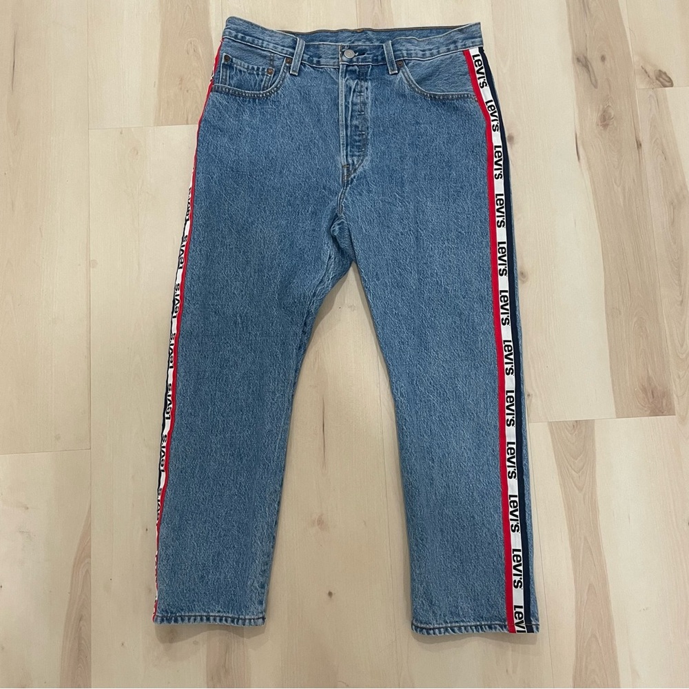 Women's Levi's Premium 501 Logo-Stripe Crop Straight Spectator Sport Side Tape - Picture 5 of 16